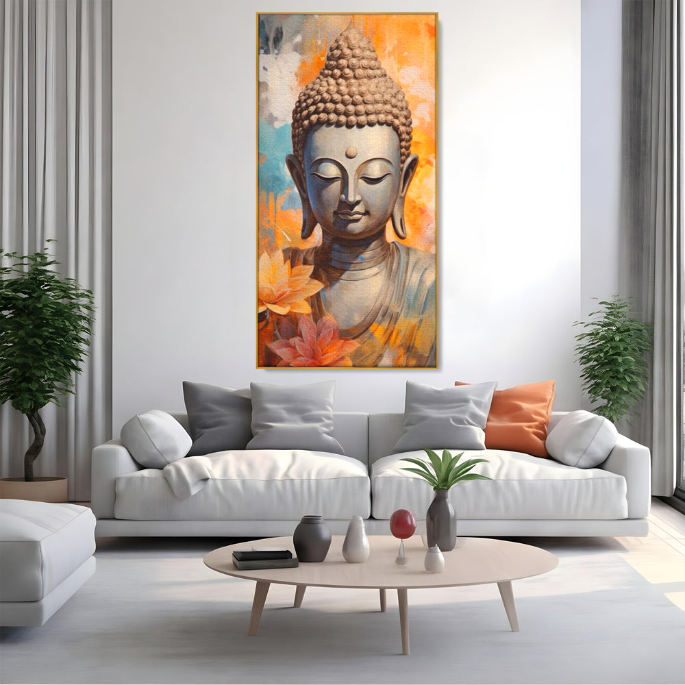 Tablou canvas cu tablou canvas cu buddha si flori de lotus, in rama de aluminiu auriu, pe perete intr-un living